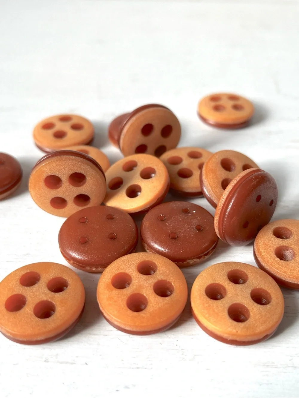17 Unusual Vintage Sanded Round Plastic 4 hole Buttons w Groove Pumpkin Orange